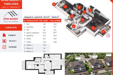 Rzut - Mieszkanie na sprzedaż 4 pokoje o powierzchni 75,4 m² - numer A14 w Apartamenty Tabelowa