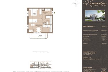 Rzut - Mieszkanie na sprzedaż 2 pokoje o powierzchni 38,35 m² - numer M-11 w Kameralne