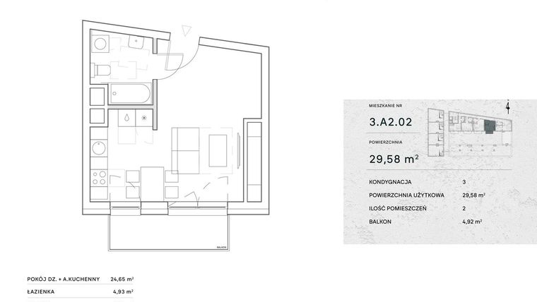Rzut - Mieszkanie na sprzedaż 1 pokój o powierzchni 29,6 m² - numer 3.A2.02 w Żernicka Park