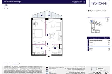 Rzut - Mieszkanie na sprzedaż 1 pokój o powierzchni 39,29 m² - numer 15/75 w Osiedle Neonowe