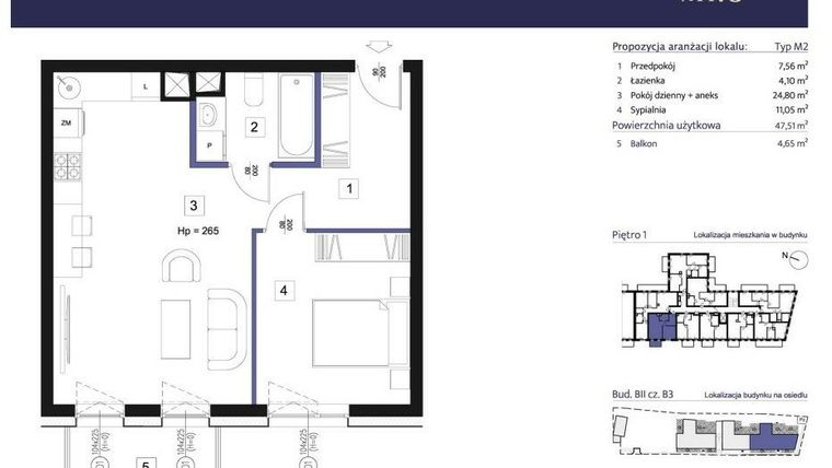 Rzut - Mieszkanie na sprzedaż 2 pokoje o powierzchni 47,51 m² - numer B3 – M1.6 w Primacasa