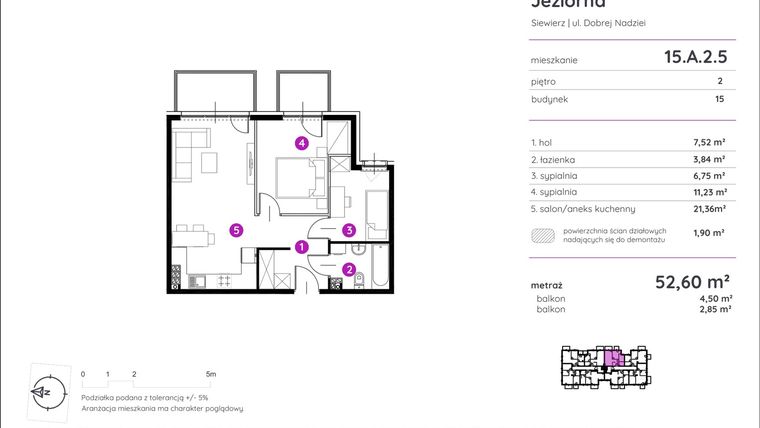 Rzut - Mieszkanie na sprzedaż 3 pokoje o powierzchni 52,85 m² - numer 15.A.2.5 w Murapol Siewierz Jeziorna