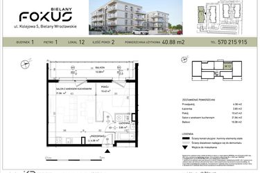 Rzut - Mieszkanie na sprzedaż 2 pokoje o powierzchni 40,88 m² - numer B1-12 w Fokus Bielany