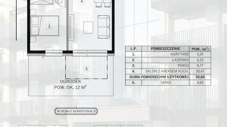 Rzut - Mieszkanie na sprzedaż 2 pokoje o powierzchni 39,6 m² - numer 9 w Młody Straszyn Park VI - bud. B