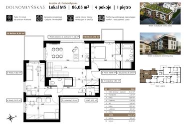 Rzut - Mieszkanie na sprzedaż 4 pokoje o powierzchni 86,05 m² - numer M5 w Dolnomłyńska 5