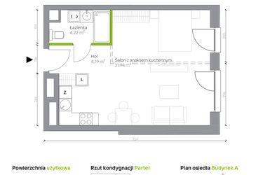 Rzut - Mieszkanie na sprzedaż 1 pokój o powierzchni 40,35 m² - numer A.0.1 w Jesionowa Vita