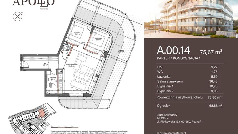 Rzut - Mieszkanie na sprzedaż 3 pokoje o powierzchni 73,8 m² - numer A.0.14 w Apollo Residence