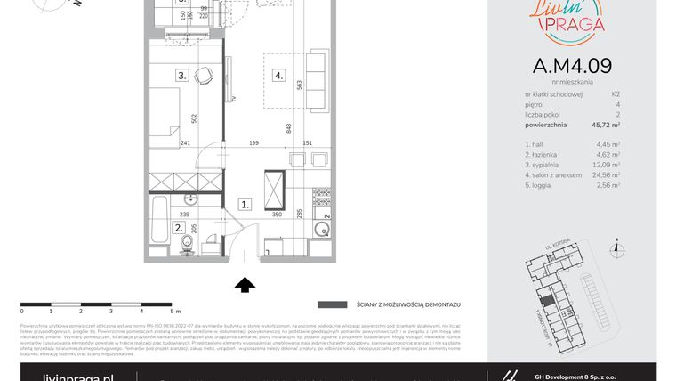 Rzut - Mieszkanie na sprzedaż 2 pokoje o powierzchni 45,72 m² - numer A.M4.09 w Livin' Praga