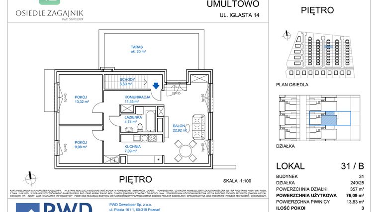 Rzut - Mieszkanie na sprzedaż 3 pokoje o powierzchni 76,09 m² - numer 31/B w Osiedle Zagajnik etap II - mieszkania