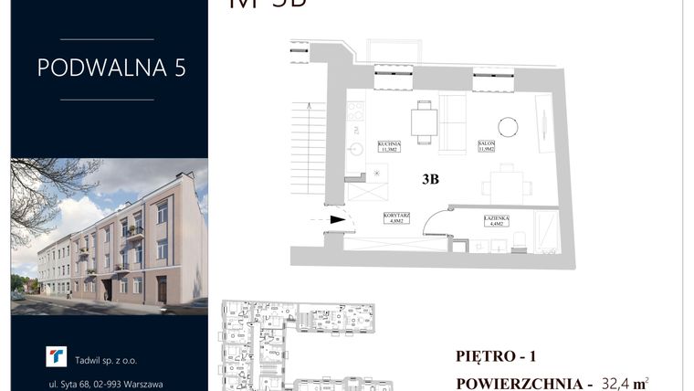 Rzut - Mieszkanie na sprzedaż 2 pokoje o powierzchni 32,4 m² - numer 3B w Podwalna 5