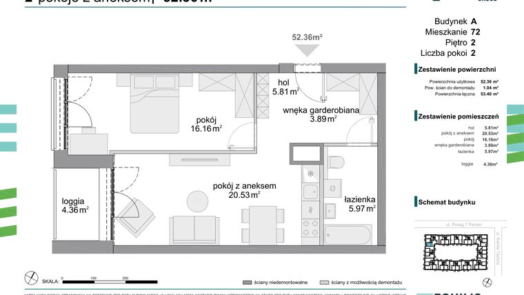 Rzut - Mieszkanie na sprzedaż 2 pokoje o powierzchni 52,36 m² - numer 72 w Osiedle Fokus Ursus