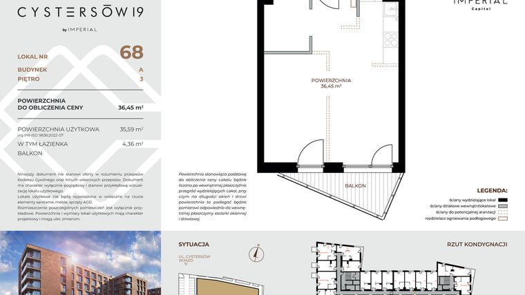 Rzut - Mieszkanie na sprzedaż 1 pokój o powierzchni 36,45 m² - numer 68 w Cystersów 19 - lokale inwestycyjne
