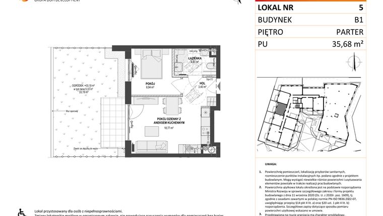 Rzut - Mieszkanie na sprzedaż 2 pokoje o powierzchni 35,68 m² - numer 5 w Leśna Góra