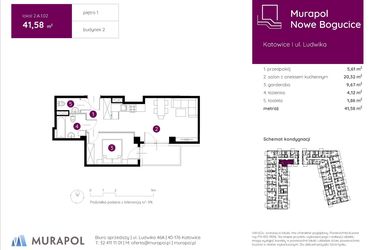 Rzut - Mieszkanie na sprzedaż 1 pokój o powierzchni 41,67 m² - numer 2.A.1.02 w Murapol Nowe Bogucice