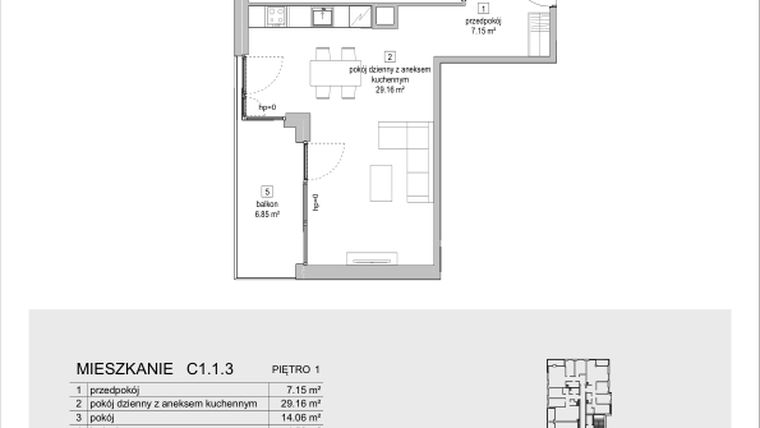 Rzut - Mieszkanie na sprzedaż 2 pokoje o powierzchni 55,05 m² - numer C1.1.3 w ATAL Symbioza IB