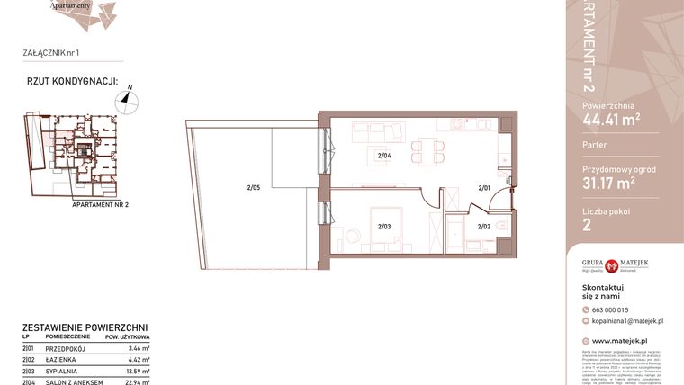 Rzut - Mieszkanie na sprzedaż 2 pokoje o powierzchni 44,41 m² - numer 2 w Kopalniana