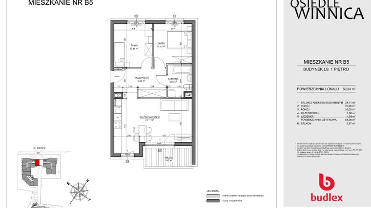 Rzut - Mieszkanie na sprzedaż 3 pokoje o powierzchni 60,24 m² - numer B05 w Osiedle Winnica L9