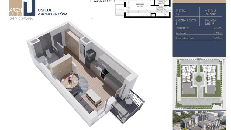 Rzut - Mieszkanie na sprzedaż 1 pokój o powierzchni 29,89 m² - numer A2.5.M87 w Osiedle Architektów