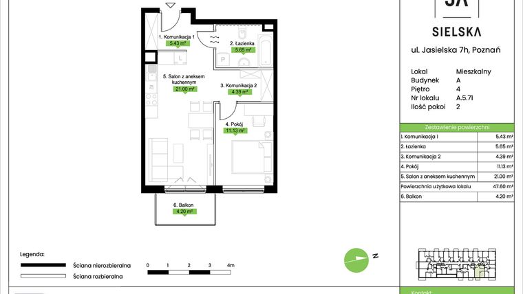Rzut - Mieszkanie na sprzedaż 2 pokoje o powierzchni 47,6 m² - numer A.5.71 w JA_SIELSKA V