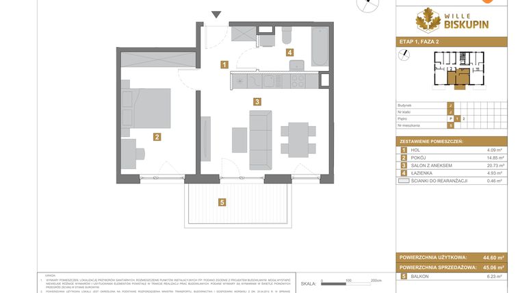 Rzut - Mieszkanie na sprzedaż 2 pokoje o powierzchni 45,06 m² - numer J.5 w Wille Biskupin II