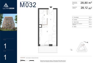 Rzut - Mieszkanie na sprzedaż 1 pokój o powierzchni 28,8 m² - numer M032 w Ultradom
