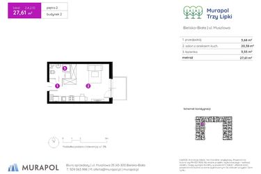 Rzut - Mieszkanie na sprzedaż 1 pokój o powierzchni 27,61 m² - numer 2.A.2.10 w Murapol Trzy Lipki etap II