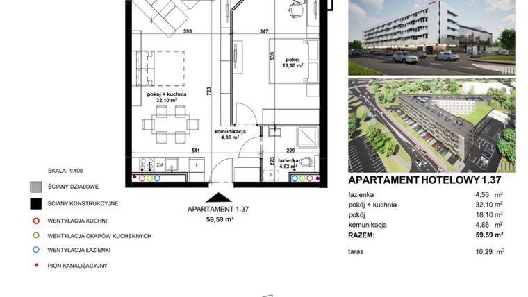 Rzut - Mieszkanie na sprzedaż 2 pokoje o powierzchni 58,69 m² - numer 137 w Apartamentowiec Zwycięska 3 - inwestycyjne