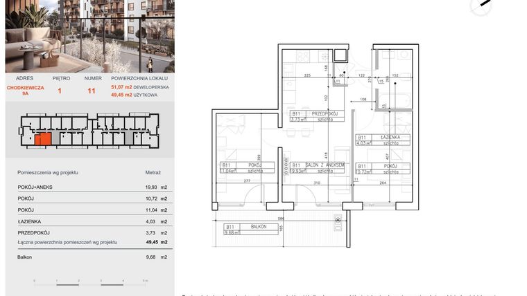 Rzut - Mieszkanie na sprzedaż 2 pokoje o powierzchni 49,45 m² - numer B11 w Symfonia - Chodkiewicza 9