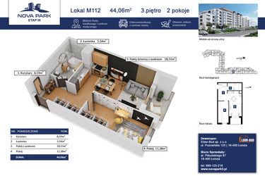 Rzut - Mieszkanie na sprzedaż 2 pokoje o powierzchni 44,06 m² - numer 112 w Nova Park etap III