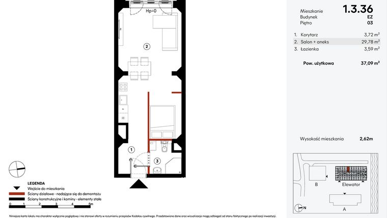 Rzut - Mieszkanie na sprzedaż 1 pokój o powierzchni 37,09 m² - numer EZ.1.3.36 w Elewator - Mieszkania i Lofty