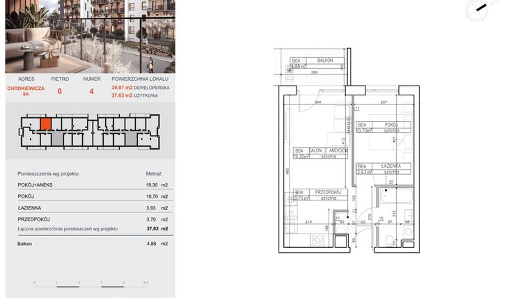 Rzut - Mieszkanie na sprzedaż 2 pokoje o powierzchni 37,63 m² - numer B4 w Symfonia - Chodkiewicza 9