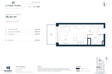 Rzut - Mieszkanie na sprzedaż 1 pokój o powierzchni 26,4 m² - numer A3.5.28 w Cascada