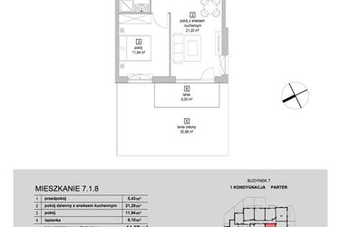 Rzut - Mieszkanie na sprzedaż 2 pokoje o powierzchni 44,67 m² - numer 7.1.8 w Osiedle Przyjemne IV