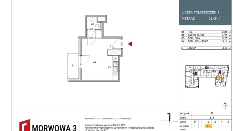 Rzut - Mieszkanie na sprzedaż 1 pokój o powierzchni 22,49 m² - numer 71 w Morwowa 3 - Apartamenty Inwestycyjne