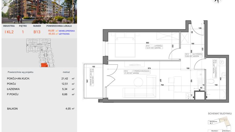 Rzut - Mieszkanie na sprzedaż 2 pokoje o powierzchni 45,93 m² - numer I-B13 w Industria etap I-B