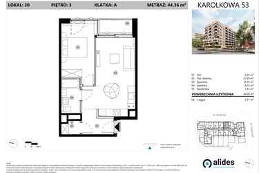 Rzut - Mieszkanie na sprzedaż 2 pokoje o powierzchni 44,36 m² - numer A.03.L.20 w ReVola
