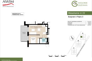 Rzut - Mieszkanie na sprzedaż 2 pokoje o powierzchni 34,79 m² - numer A23 w Wzgórze Gustawa