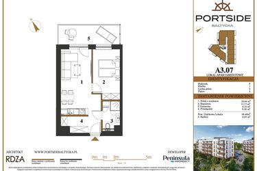 Rzut - Mieszkanie na sprzedaż 2 pokoje o powierzchni 39,48 m² - numer A3.07 w Portside Bałtycka