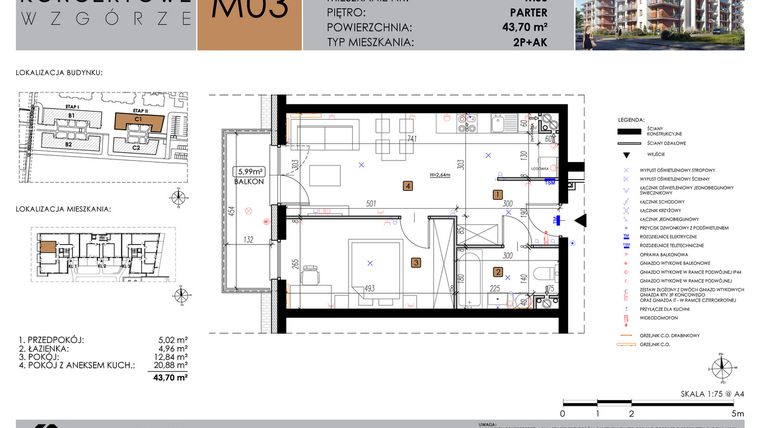 Rzut - Mieszkanie na sprzedaż 2 pokoje o powierzchni 43,7 m² - numer C1_M3/P w Koncertowe Wzgórze etap II