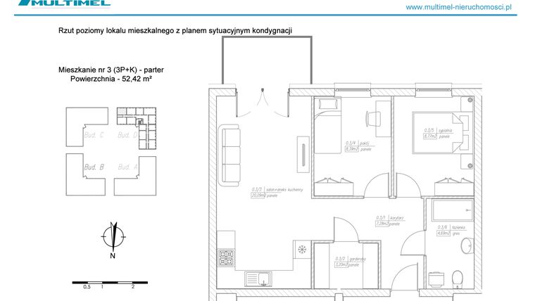 Rzut - Mieszkanie na sprzedaż 3 pokoje o powierzchni 52,42 m² - numer 3D w Dominów Rynek