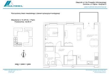 Rzut - Mieszkanie na sprzedaż 3 pokoje o powierzchni 52,95 m² - numer 15D w Dominów Rynek
