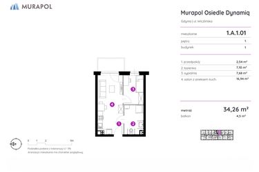 Rzut - Mieszkanie na sprzedaż 2 pokoje o powierzchni 34,26 m² - numer 1.A.1.01 w Murapol Osiedle Dynamiq