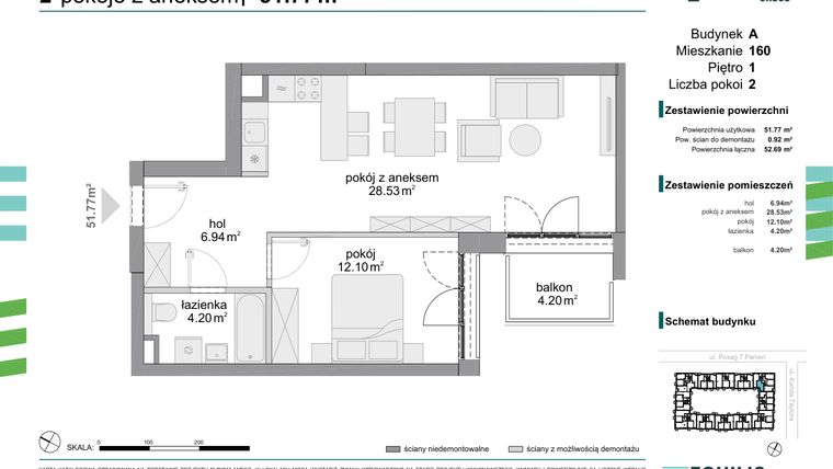 Rzut - Mieszkanie na sprzedaż 2 pokoje o powierzchni 51,77 m² - numer 160 w Osiedle Fokus Ursus