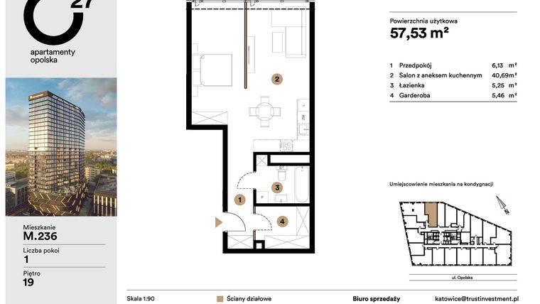 Rzut - Mieszkanie na sprzedaż 1 pokój o powierzchni 57,53 m² - numer M.236 w O27 Apartamenty Opolska