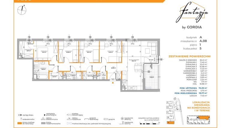 Rzut - Mieszkanie na sprzedaż 5 pokoi o powierzchni 119,76 m² - numer A.08 w Fantazja