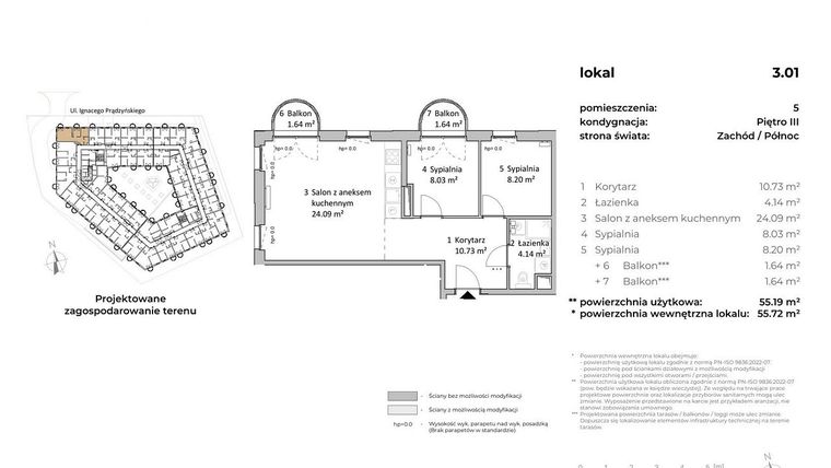 Rzut - Mieszkanie na sprzedaż 3 pokoje o powierzchni 55,19 m² - numer 3.01 w OVAL SKY