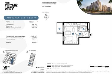 Rzut - Mieszkanie na sprzedaż 1 pokój o powierzchni 29,55 m² - numer B.1.3.M38 w Nowe Promenady etap II
