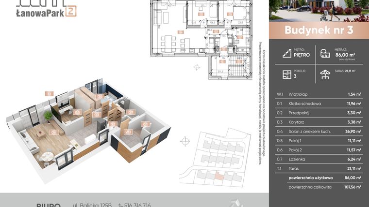 Rzut - Mieszkanie na sprzedaż 3 pokoje o powierzchni 86 m² - numer 3/2 w Łanowa Park 2