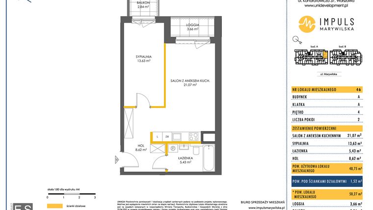 Rzut - Mieszkanie na sprzedaż 2 pokoje o powierzchni 48,75 m² - numer A/46 w Impuls Marywilska