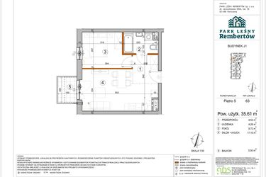 Rzut - Mieszkanie na sprzedaż 2 pokoje o powierzchni 35,61 m² - numer J1-63 w Park Leśny Rembertów etap VIII